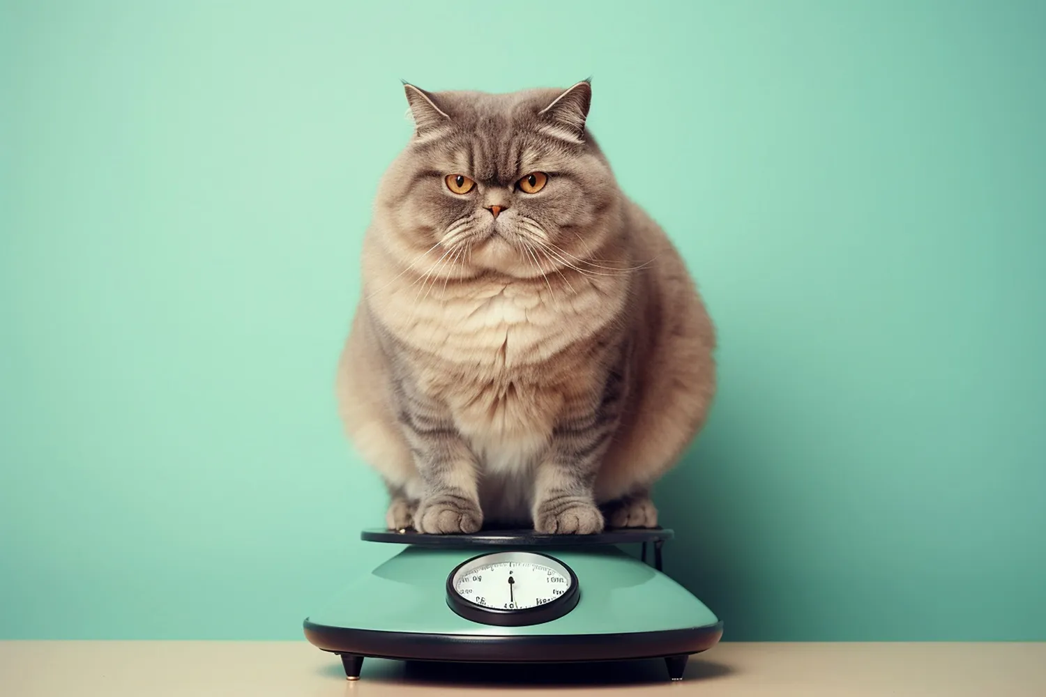 A imagem acima ilustra um gato obeso sendo pesado, um momento comum em consultas veterinárias para monitorar o progresso.