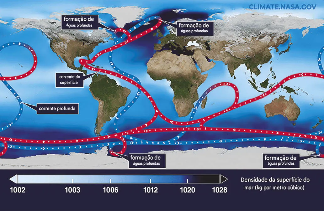 Visualização das correntes oceânicas no Atlântico Norte. As cores mostram a temperatura da superfície do mar (laranja e amarelo são mais quentes, verde e azul são mais frios). Podem começar a entrar em colapso em apenas três décadas Assista o GIF em: Global_Ocean_Circulation_GIF